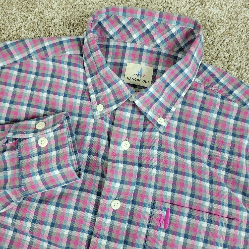 Johnnie O Hangin Out Mens Small Red White Blue Plaid Check Button Down LS